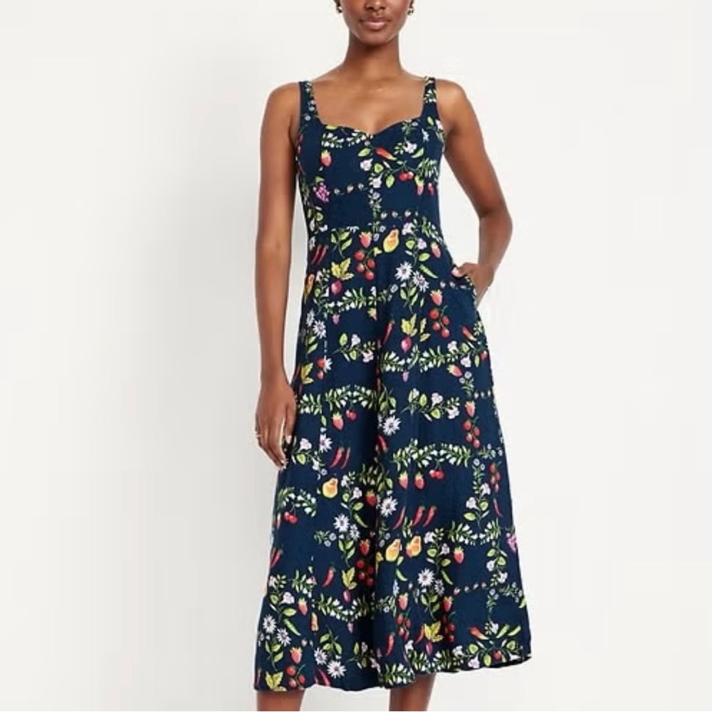 Old Navy Navy Floral Midi Dress with Multicolor Fruit & Leaf Print